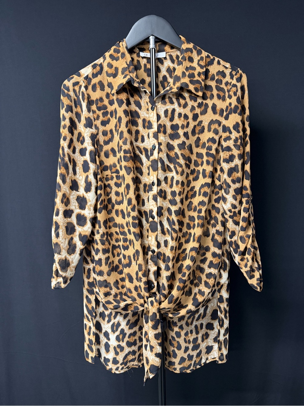 DR2 Leopard Print Tie-Front Button-Down Shirt - Tan & Black